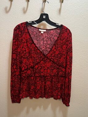 Whimsigoth Red and Black Floral V-Neck Long Sleeve blouse with black trim